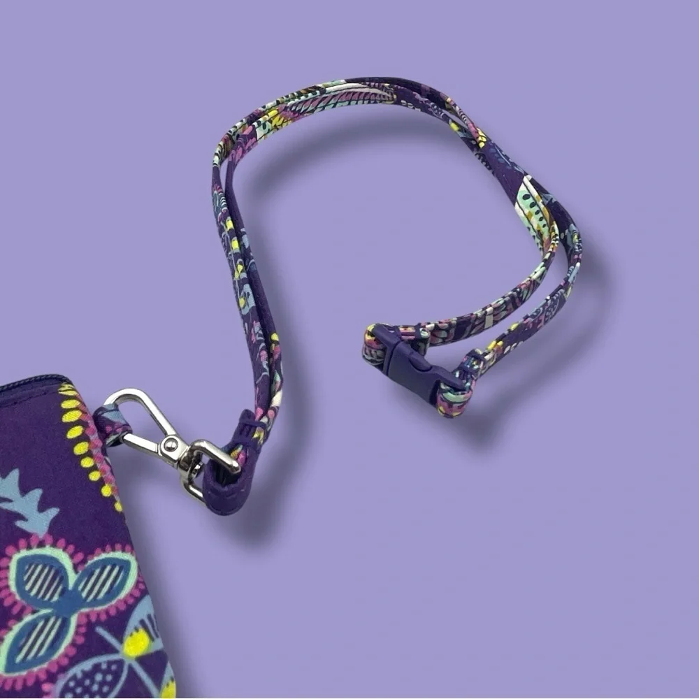 Vera Bradley Batik Leaves Floral Card Holder ID Lanyard - Purple and Yellow
